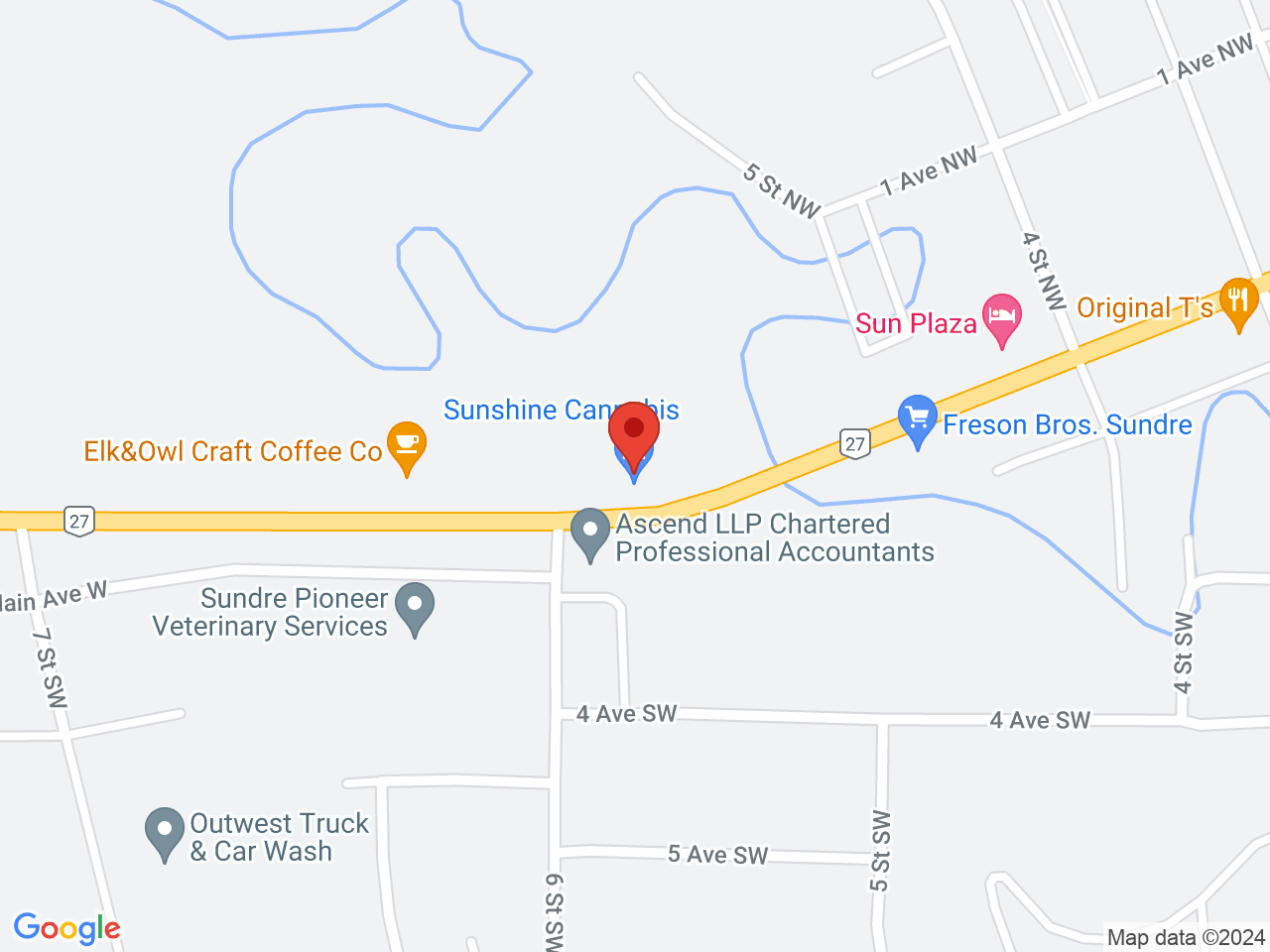 Street map for Sunshine Cannabis, 1-586 Main Avenue West, Sundre AB