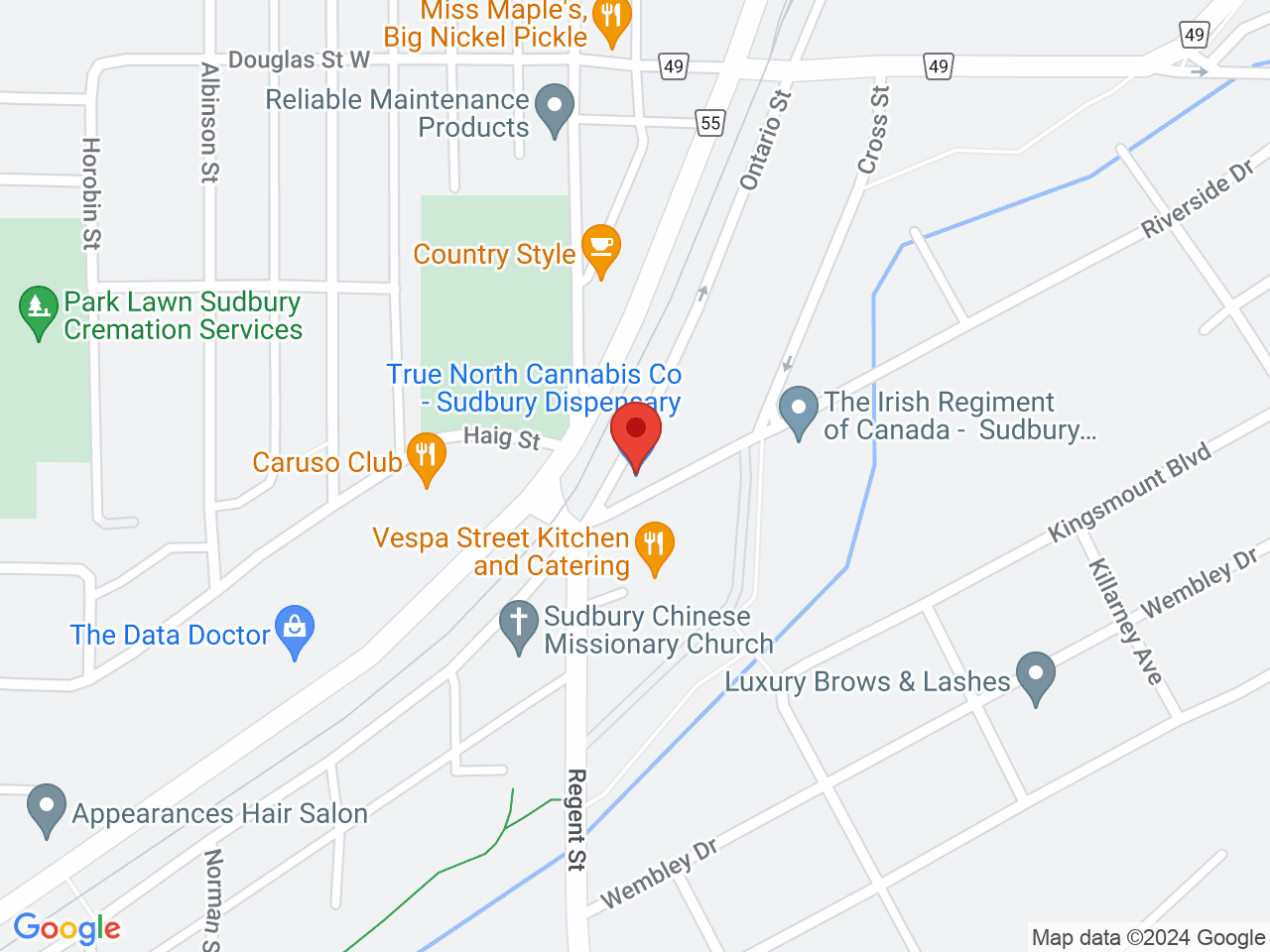 Street map for True North Cannabis Co., 372 Riverside Dr., Sudbury ON