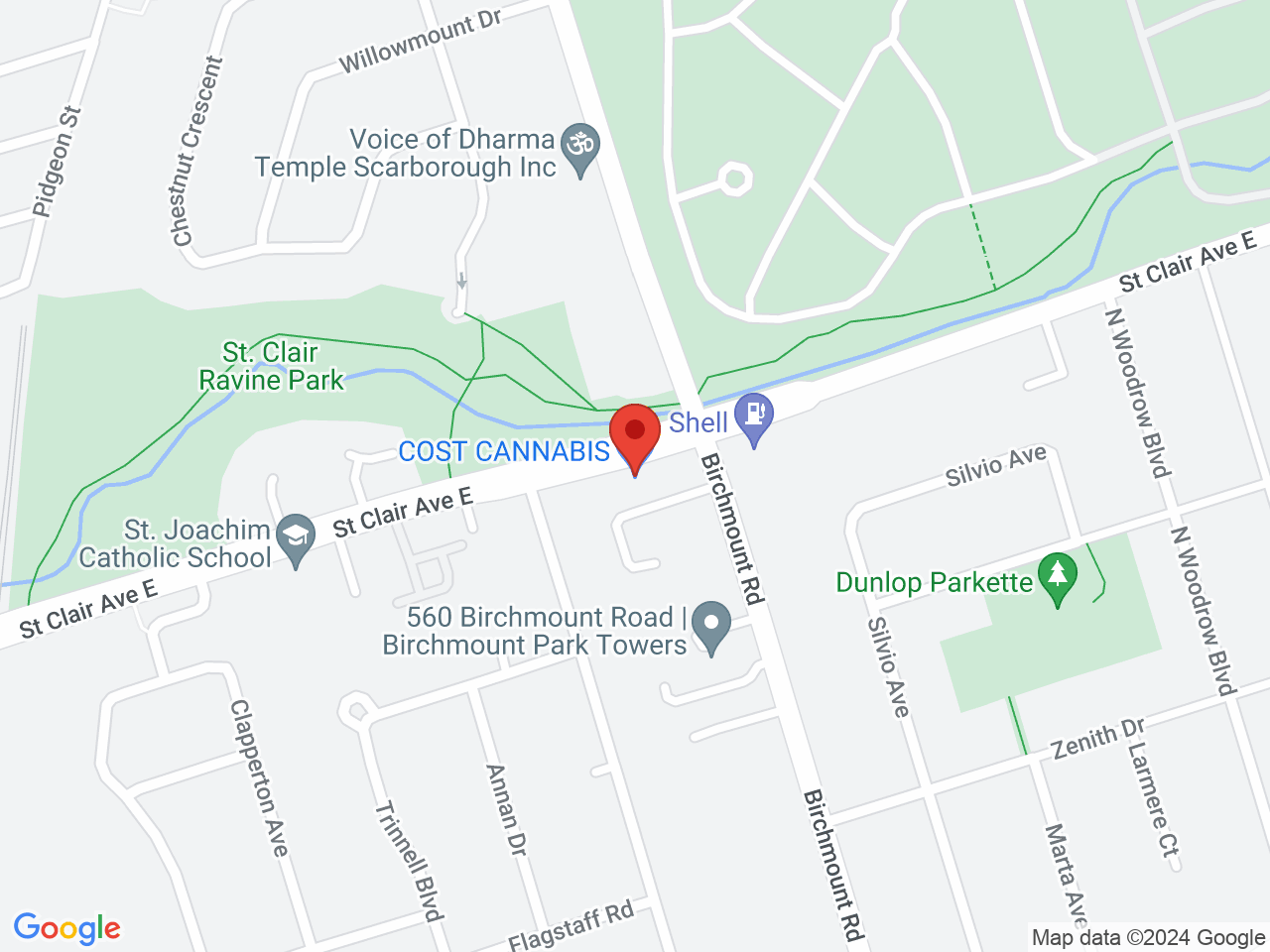 Street map for Cost Cannabis, 3443 St Clair Ave E, Scarborough ON