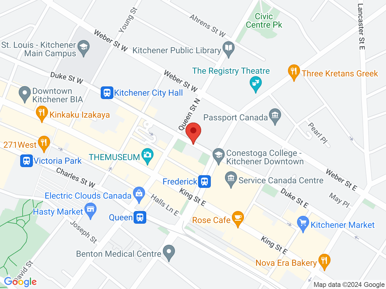 Street map for Giggles Cannabis, 32 Duke St E, Kitchener ON