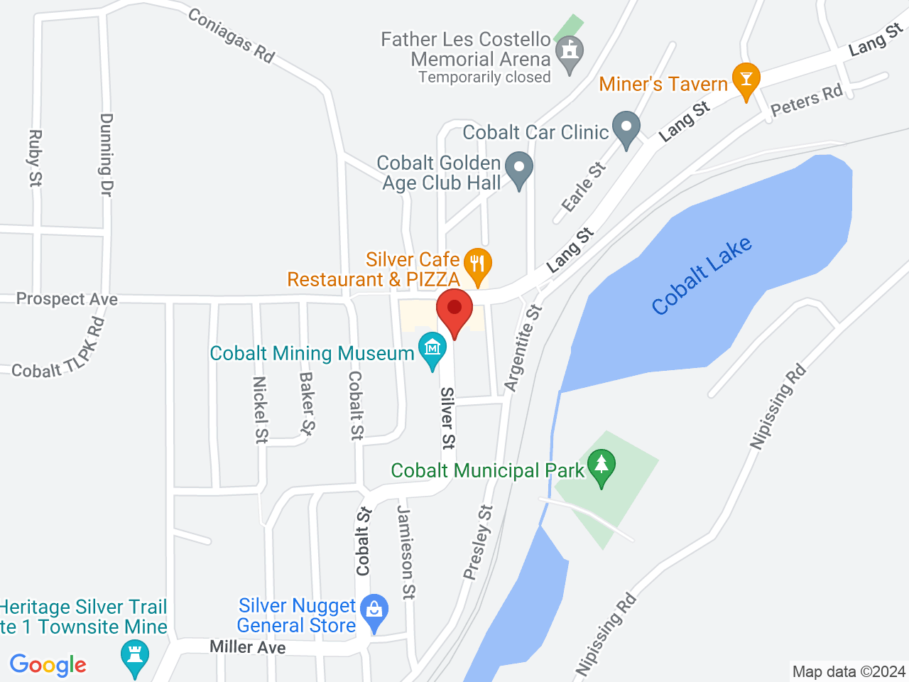 Street map for The Olde Barber Cannabis Co, 33 Silver St.	, Cobalt ON