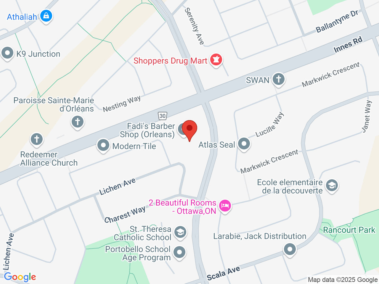 Street map for Mary J's Cannabis, 1968 Portobello Blvd., Orleans ON