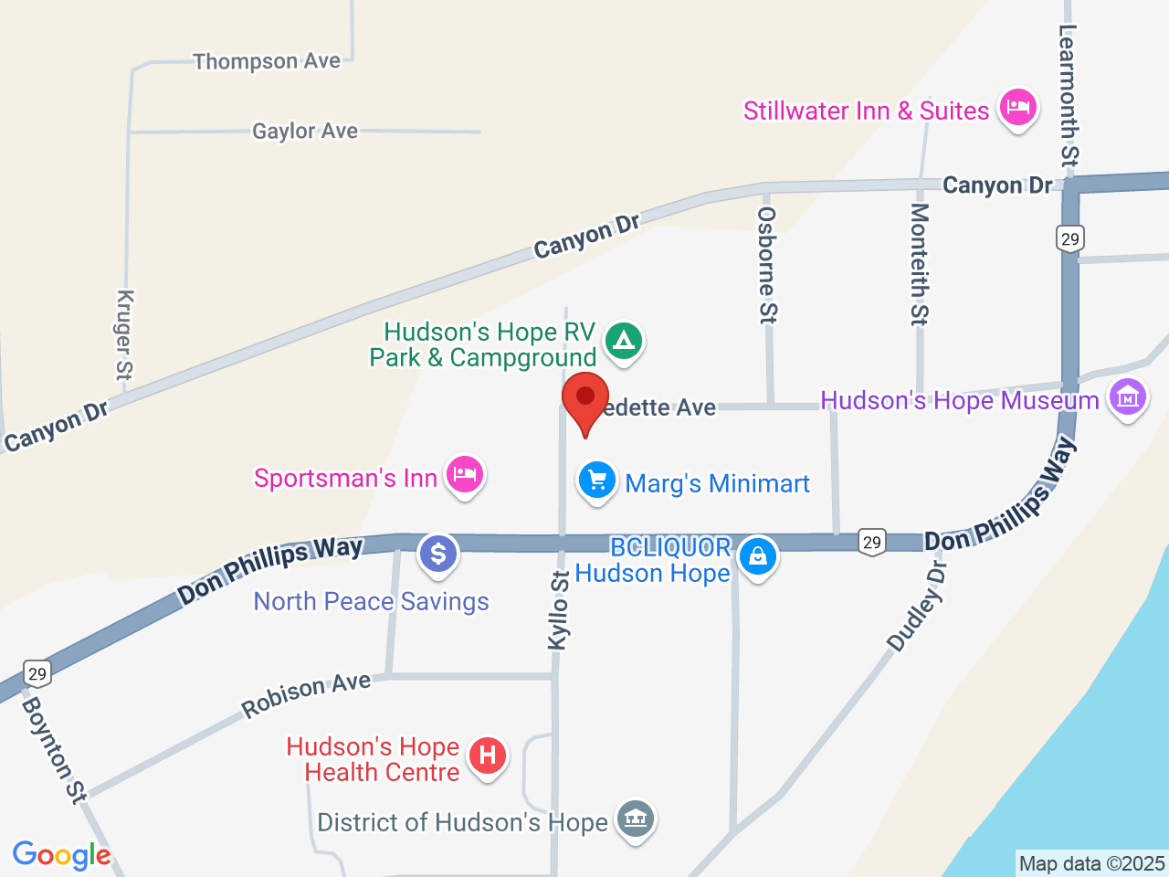 Street map for Portage Mountain Cannabis, 9813 Fredette Ave, Hudson's Hope BC