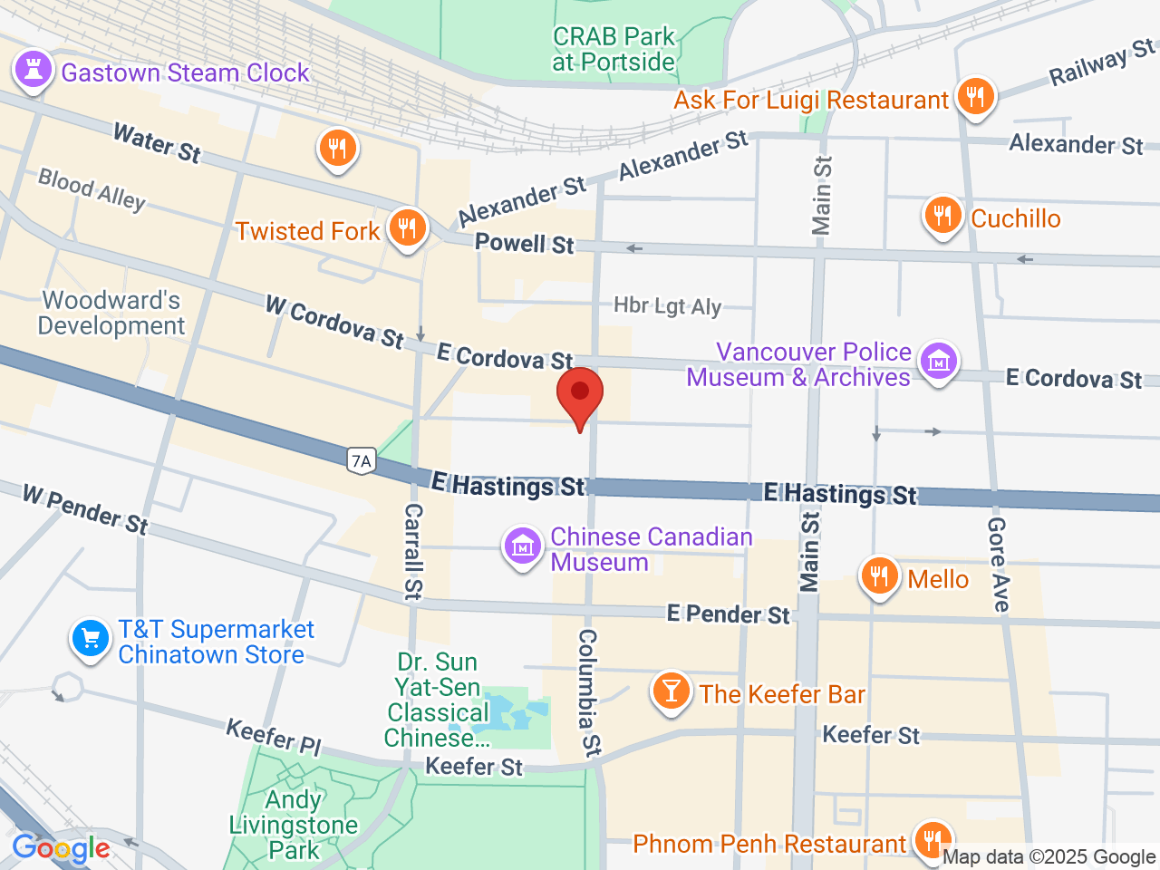 Street map for Eastside Cannabis, 369 Columbia St, Vancouver BC