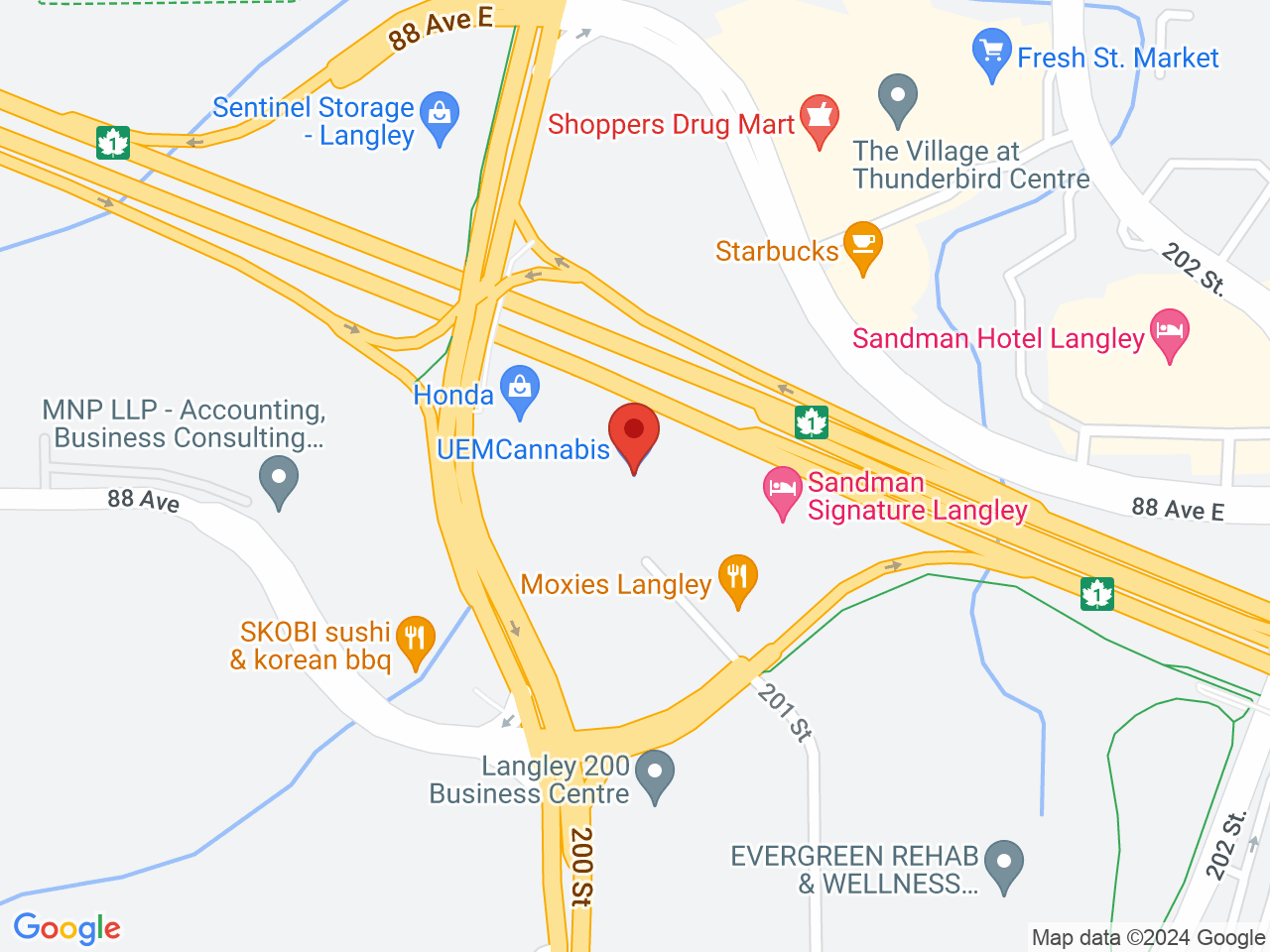 Street map for UEM Cannabis, 102-8860 201 St, Langley BC