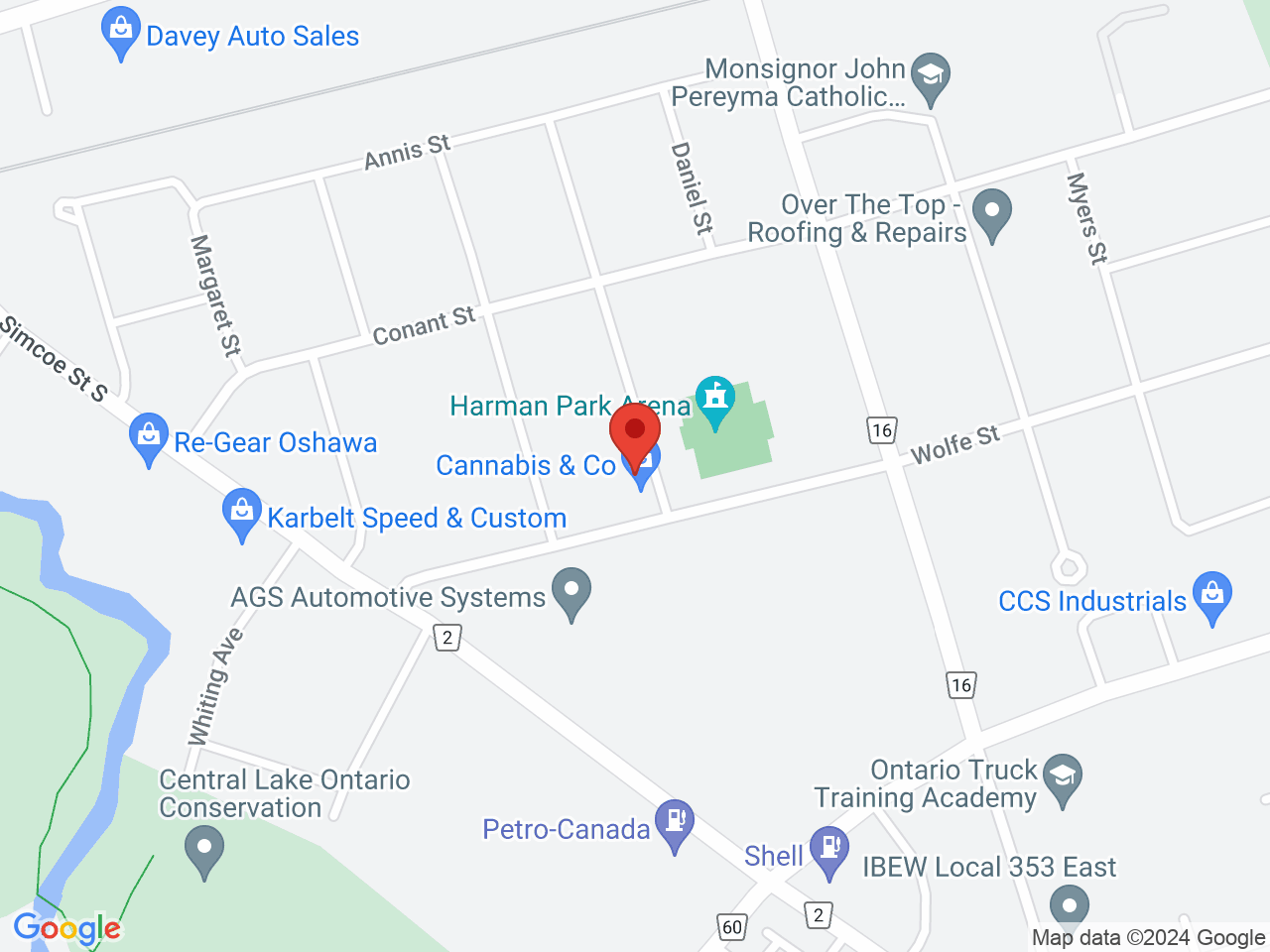 Street map for Cannabis & Co., 92 Wolfe St, Oshawa ON
