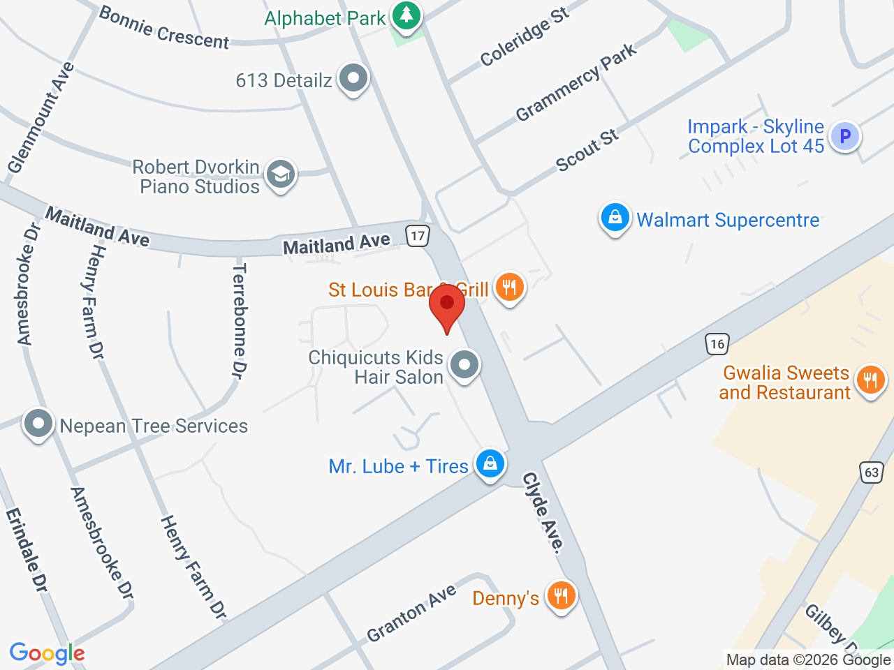Street map for Bluebird Cannabis Co., 1356 Clyde Ave, Unit 16B, Ottawa ON
