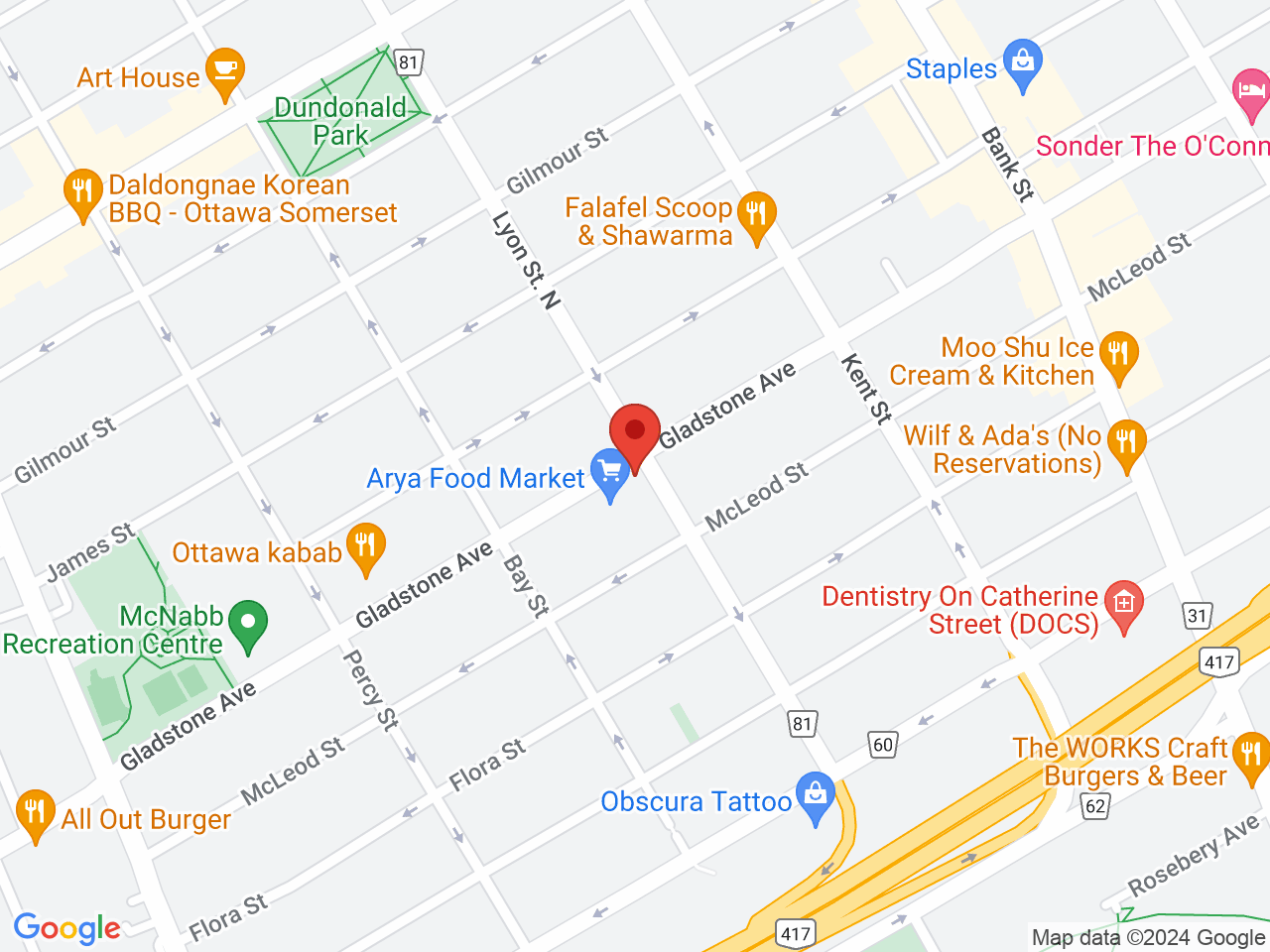 Street map for Bluebird Cannabis Co., 502 Gladstone Ave, Ottawa ON