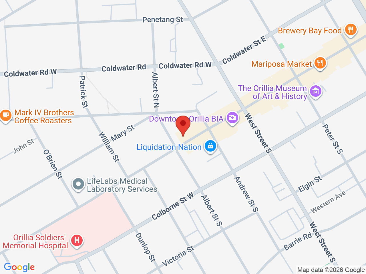 Street map for Buds 4 Less, 64 Mississaga St W., Orillia ON