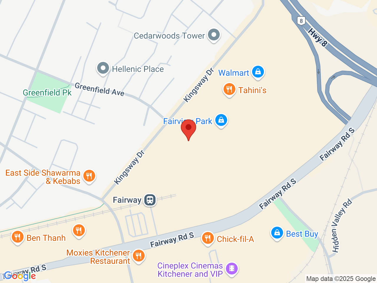 Street map for Fika Local Fairview Park Mall, 2960 Kingsway Dr Unit G007, Kitchener ON