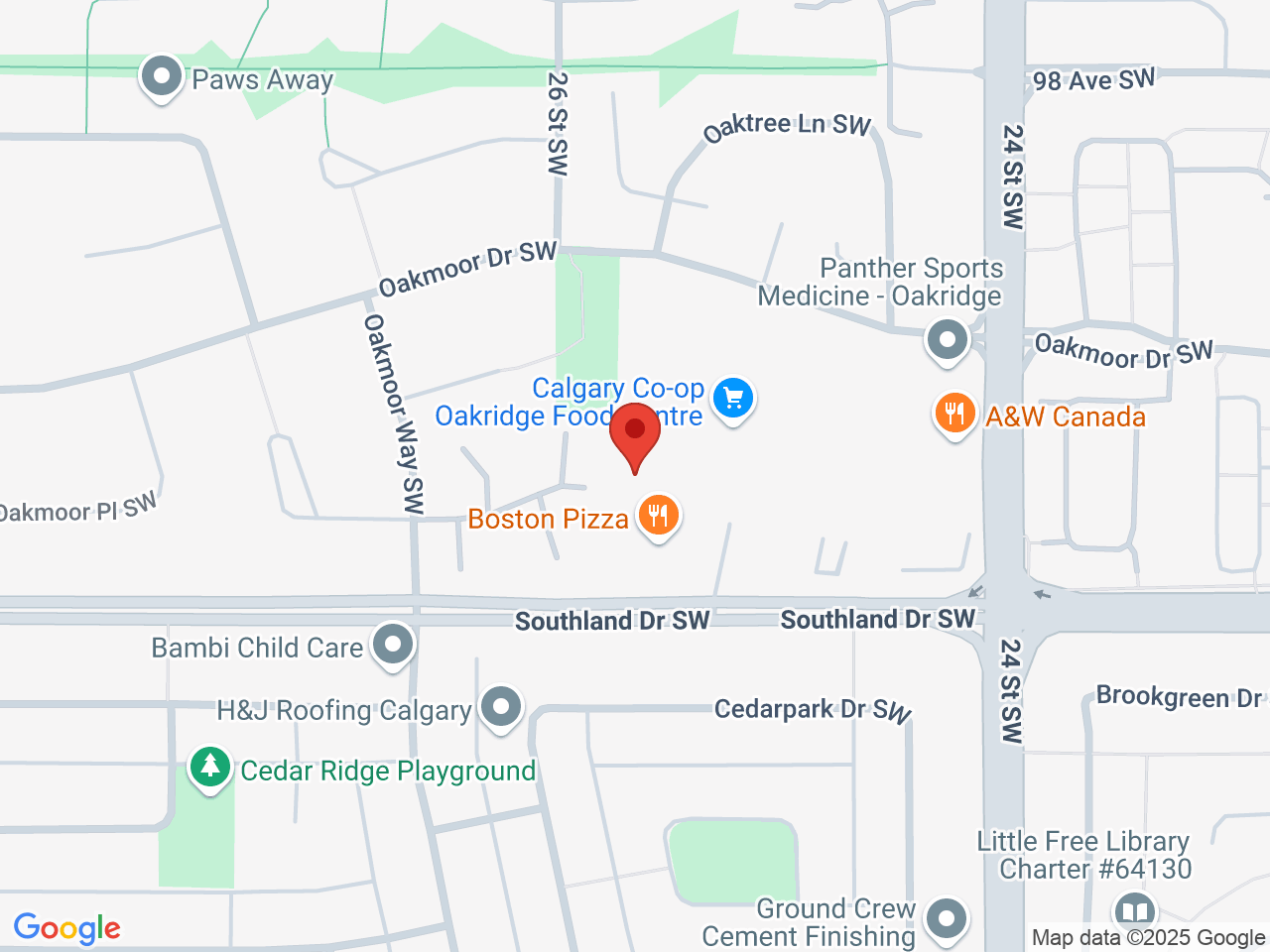 Street map for Co-op Cannabis Oakridge, 110-125 Oakmoor Plaza SW, Calgary AB