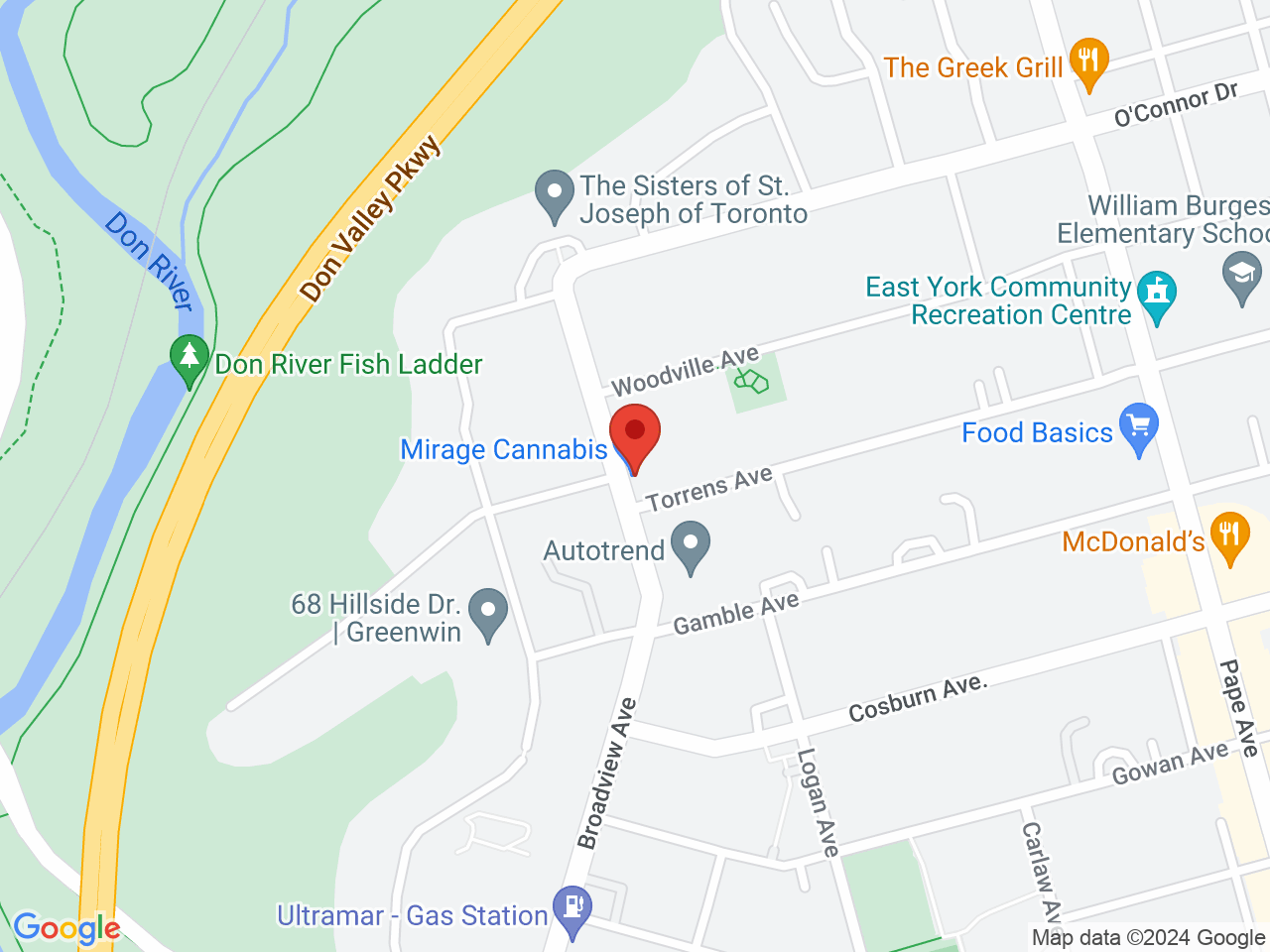 Street map for Mirage Cannabis, 1229 Broadview Ave, Toronto ON