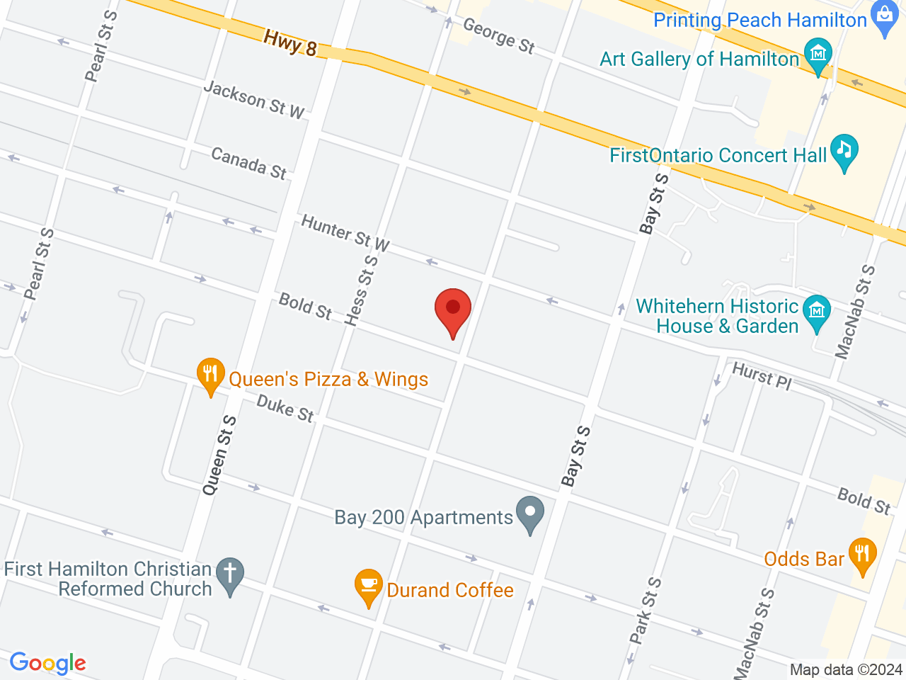 Street map for Queen George Cannabis, 140 Caroline St S, Hamilton ON