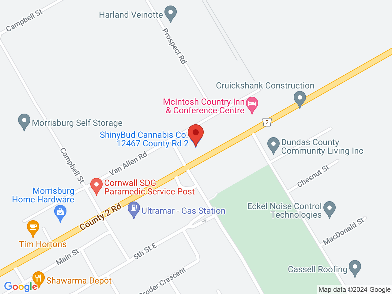 Street map for ShinyBud Cannabis Co., 12467 County Rd 2, Morrisburg ON
