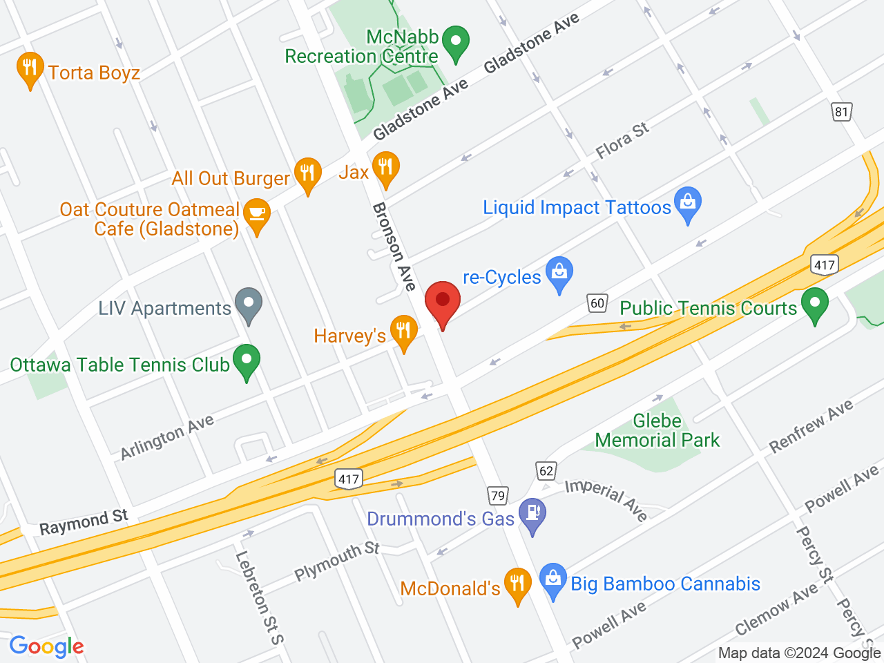 Street map for Twist Cannabis, 565 Bronson Ave, Ottawa ON