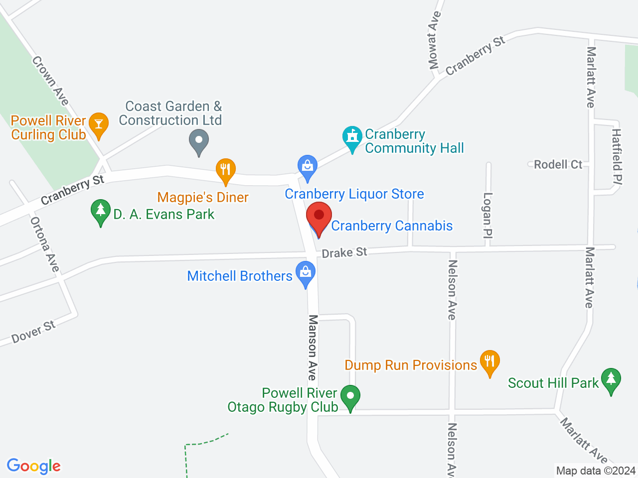 Street map for Cranberry Cannabis, 5712 Manson Ave, Powell River BC