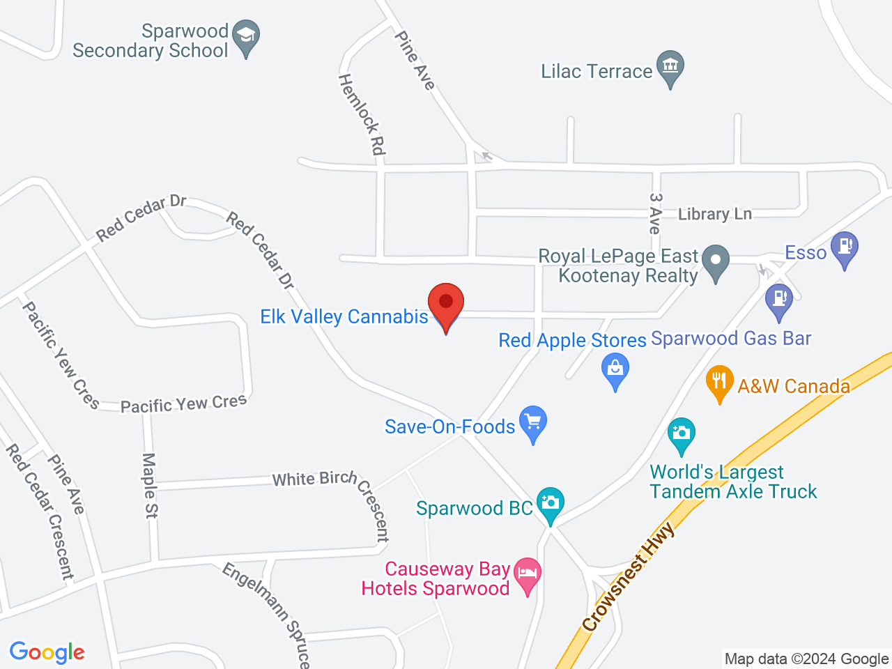 Street map for Elk Valley Cannabis, 127 Centennial Square, Sparwood BC