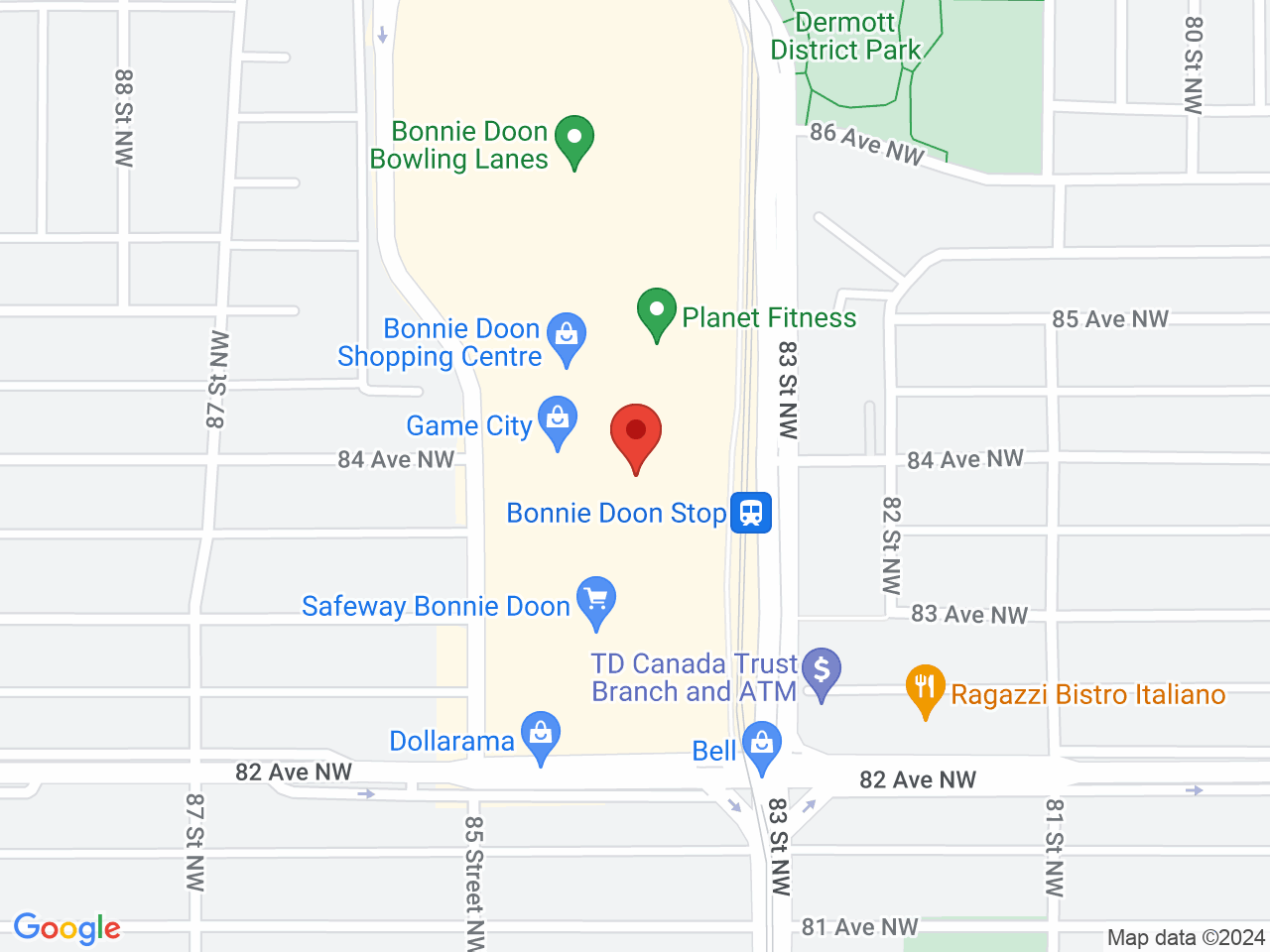Street map for Cannabis Station, 187A Bonnie Doon Shopping Center NW, Edmonton AB