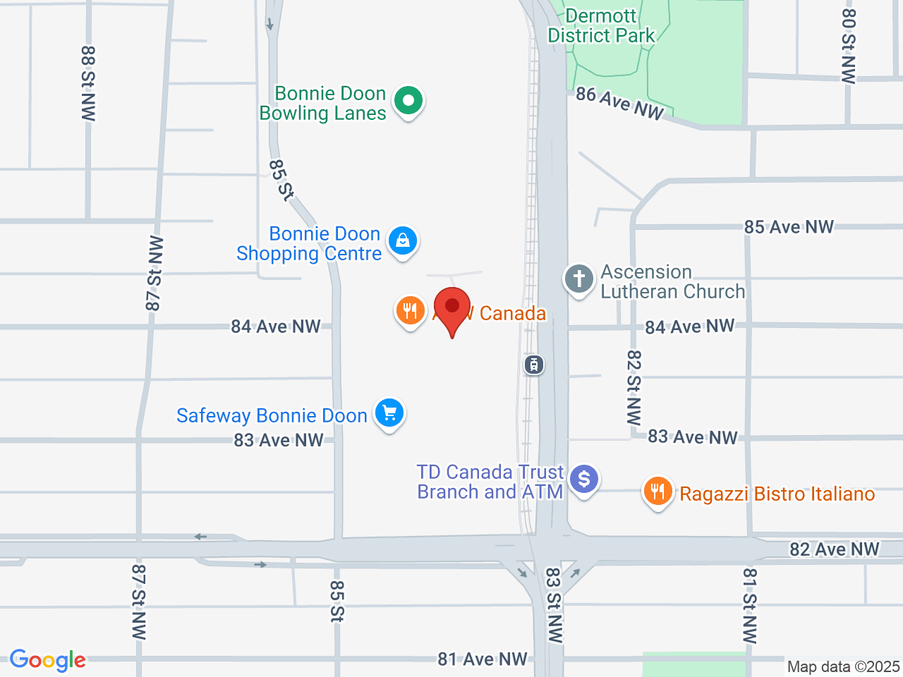 Street map for Cannabis Station, 187A Bonnie Doon Shopping Center NW, Edmonton AB