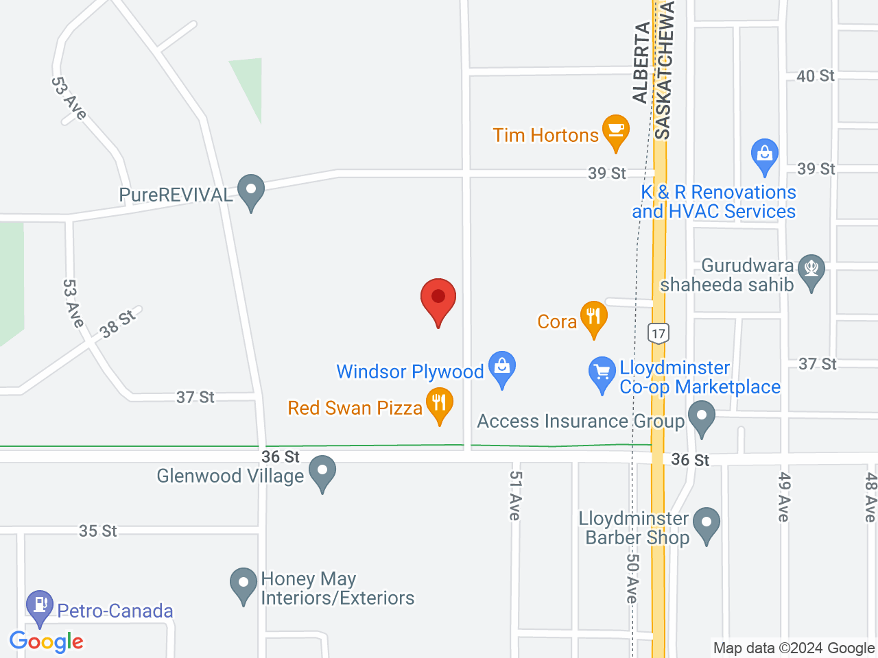 Street map for Tree Hill Cannabis, 109-3704 51 Ave, Lloydminster AB