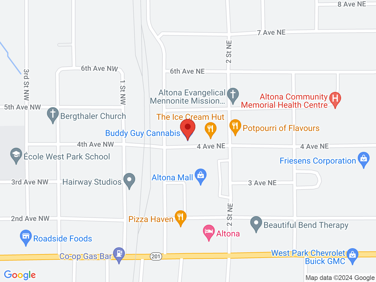 Street map for Buddy Guy Cannabis, 1-45 4th Ave NE, Altona MB