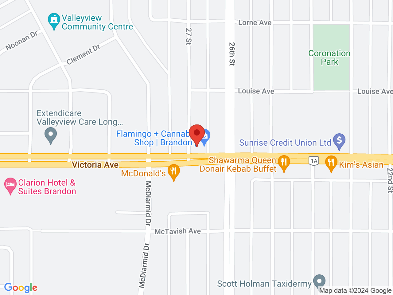 Street map for Flamingo + Cannabis, 1-2637 Victoria Ave, Brandon MB
