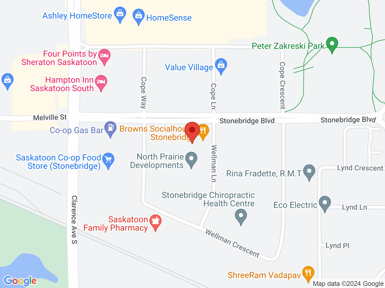 Street map for Fire & Flower Cannabis Co., 20-214 Stonebridge Blvd, Saskatoon SK