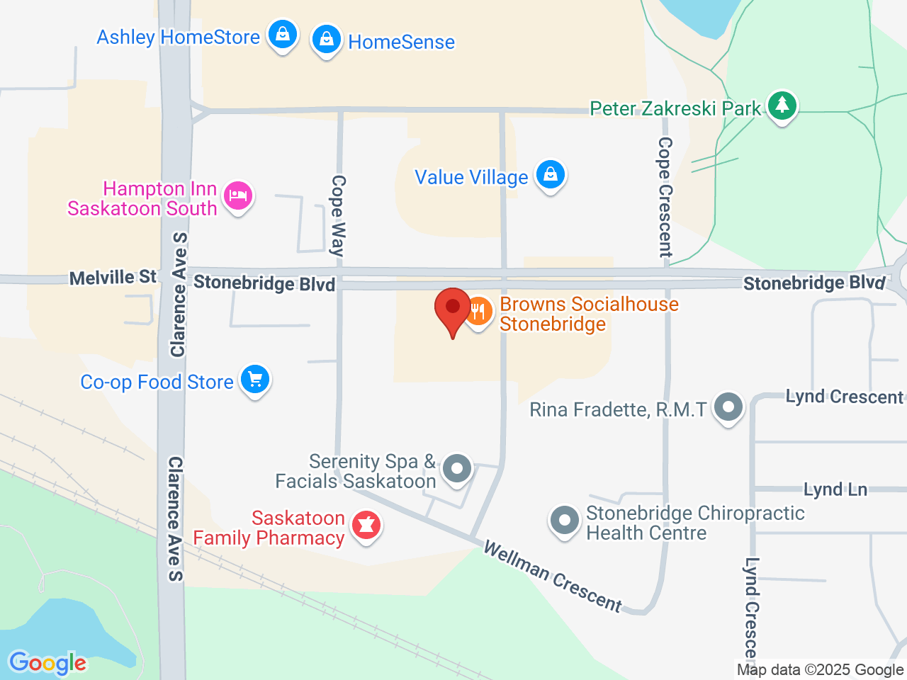 Street map for Fire & Flower Cannabis Co., 20-214 Stonebridge Blvd, Saskatoon SK