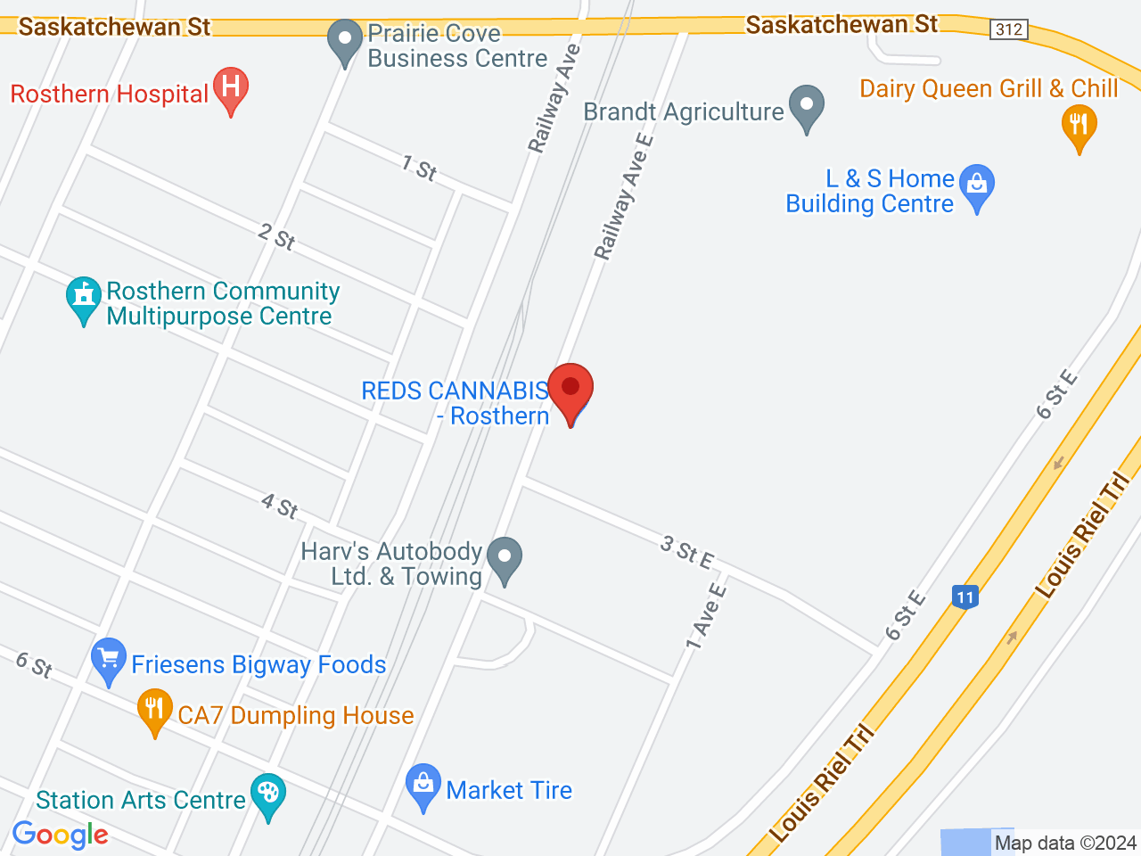 Street map for Reds Cannabis Ltd, 319 Railway Ave E, Rosthern SK