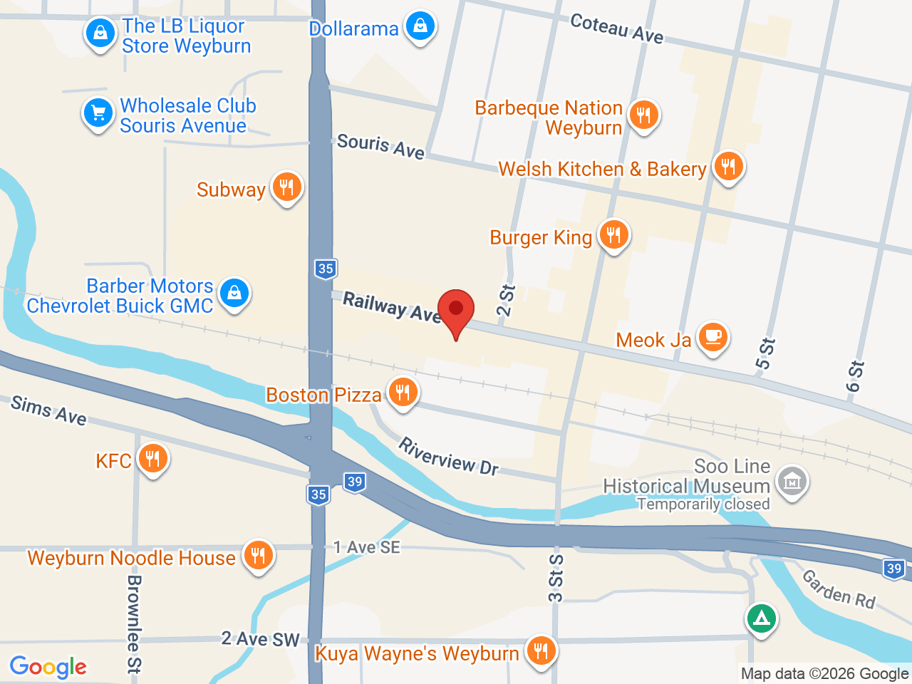 Street map for 5Buds Cannabis, 120 Railway Ave, Weyburn SK