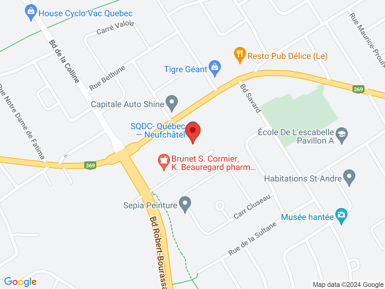Street map for SQDC Neufchatel, 2425 Boulevard Bastien, Quebec QC
