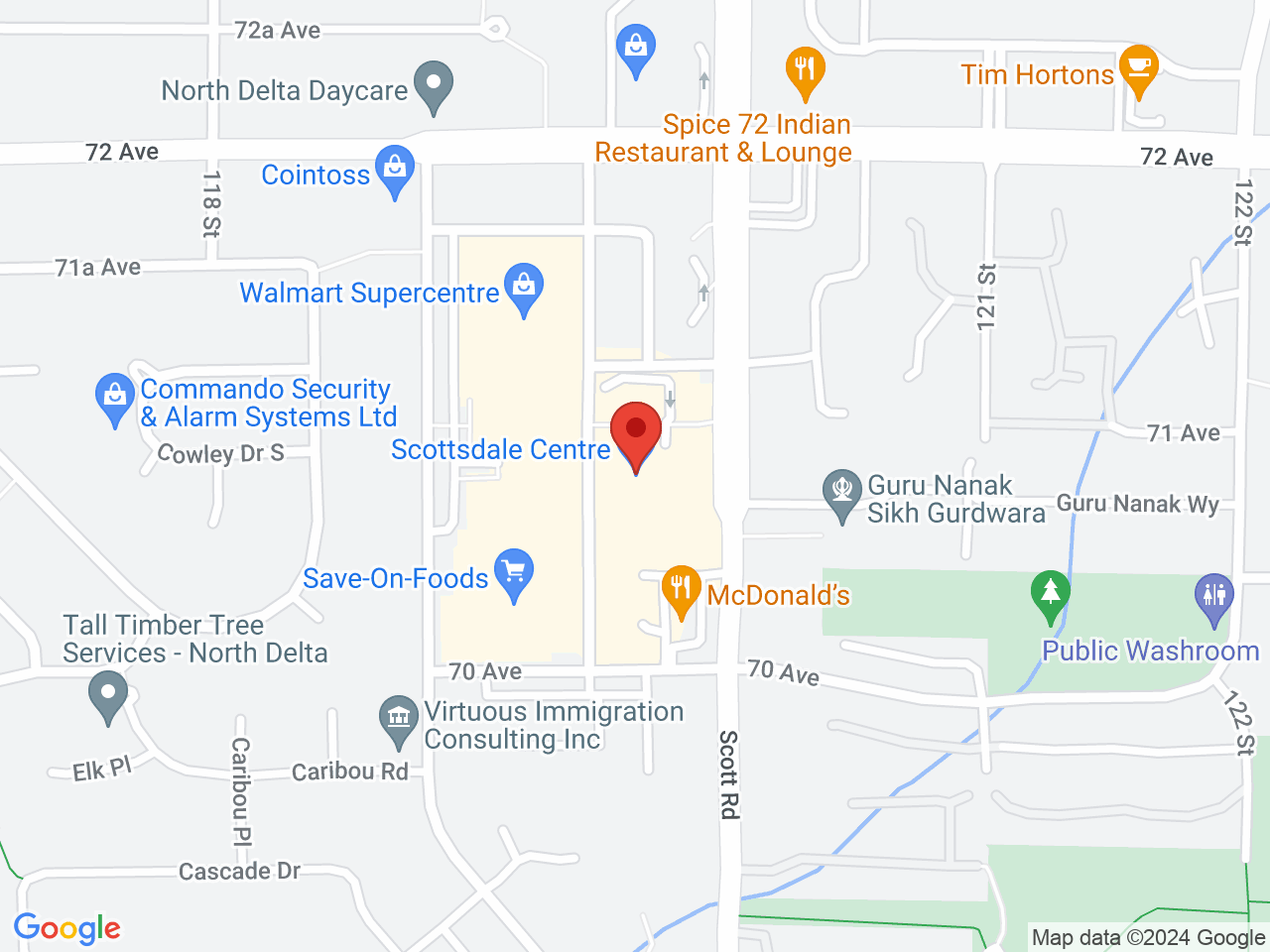 Street map for BC Cannabis Store, 7019 120 St, Scottsdale Centre Mall, Delta BC