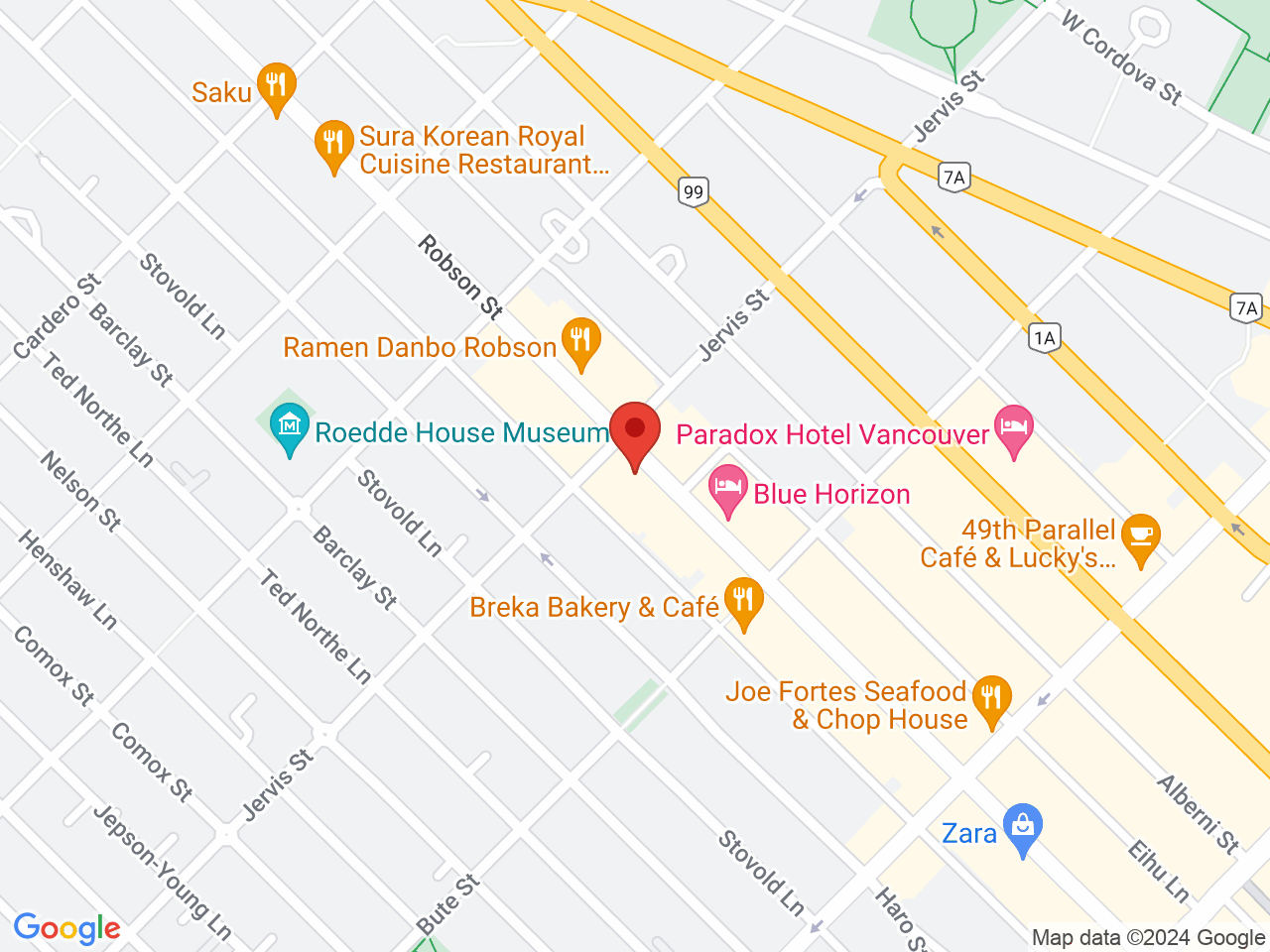 Street map for WestCanna Retail Store, 1286 Robson St, Vancouver BC