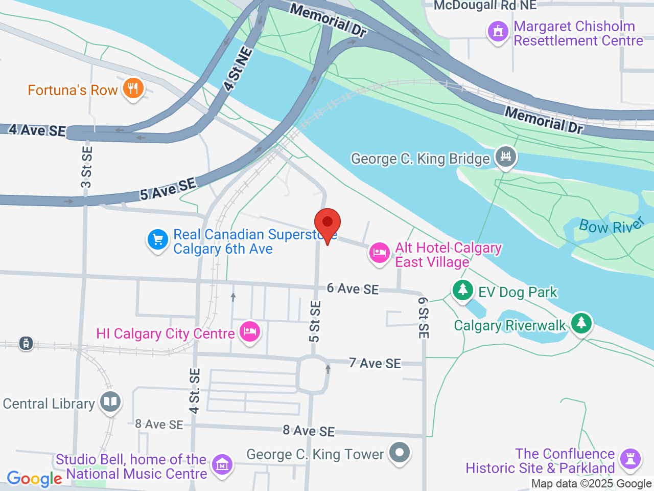 Street map for East Village Cannabis, 518 Riverfront Ave SE, Calgary AB