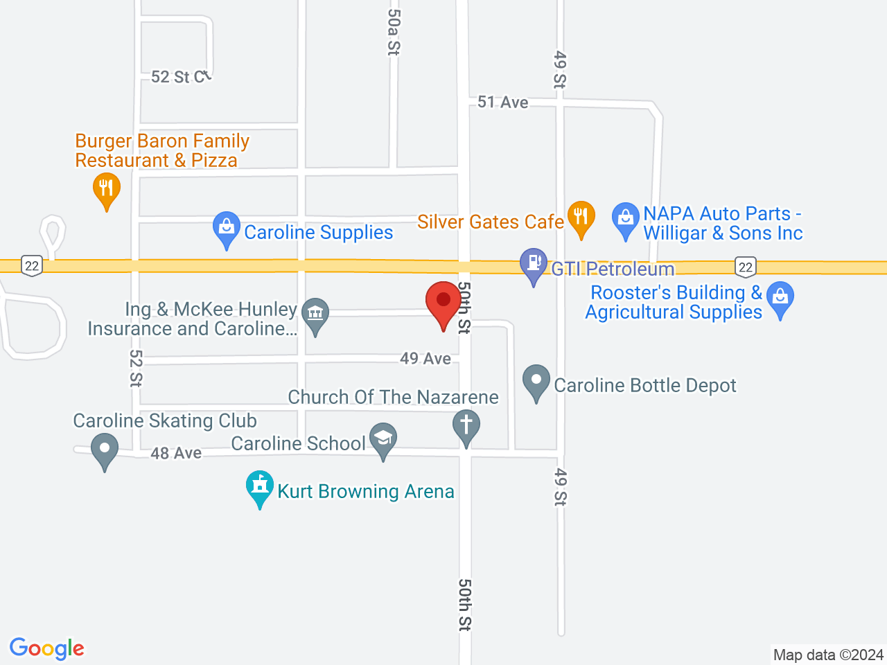 Street map for Out West Cannabis, 5004 49 Ave, Caroline AB