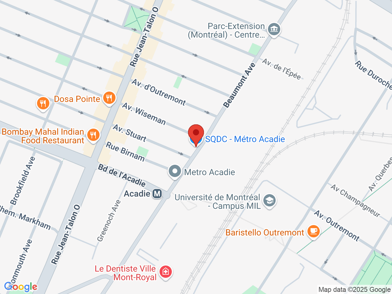 Street map for SQDC Montreal - Metro Acadie, 895 avenue Beaumont, Montreal QC