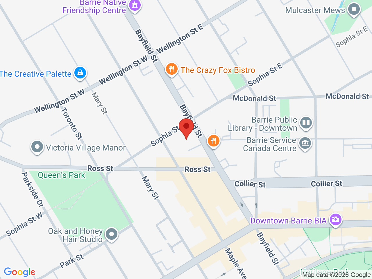 Street map for Emerald Cannabis, 102 Bayfield St Unit 2, Barrie ON