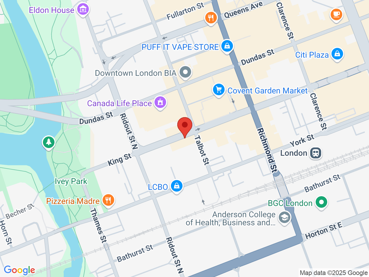 Street map for Vibes Cannabis Co, 99 King St, London ON