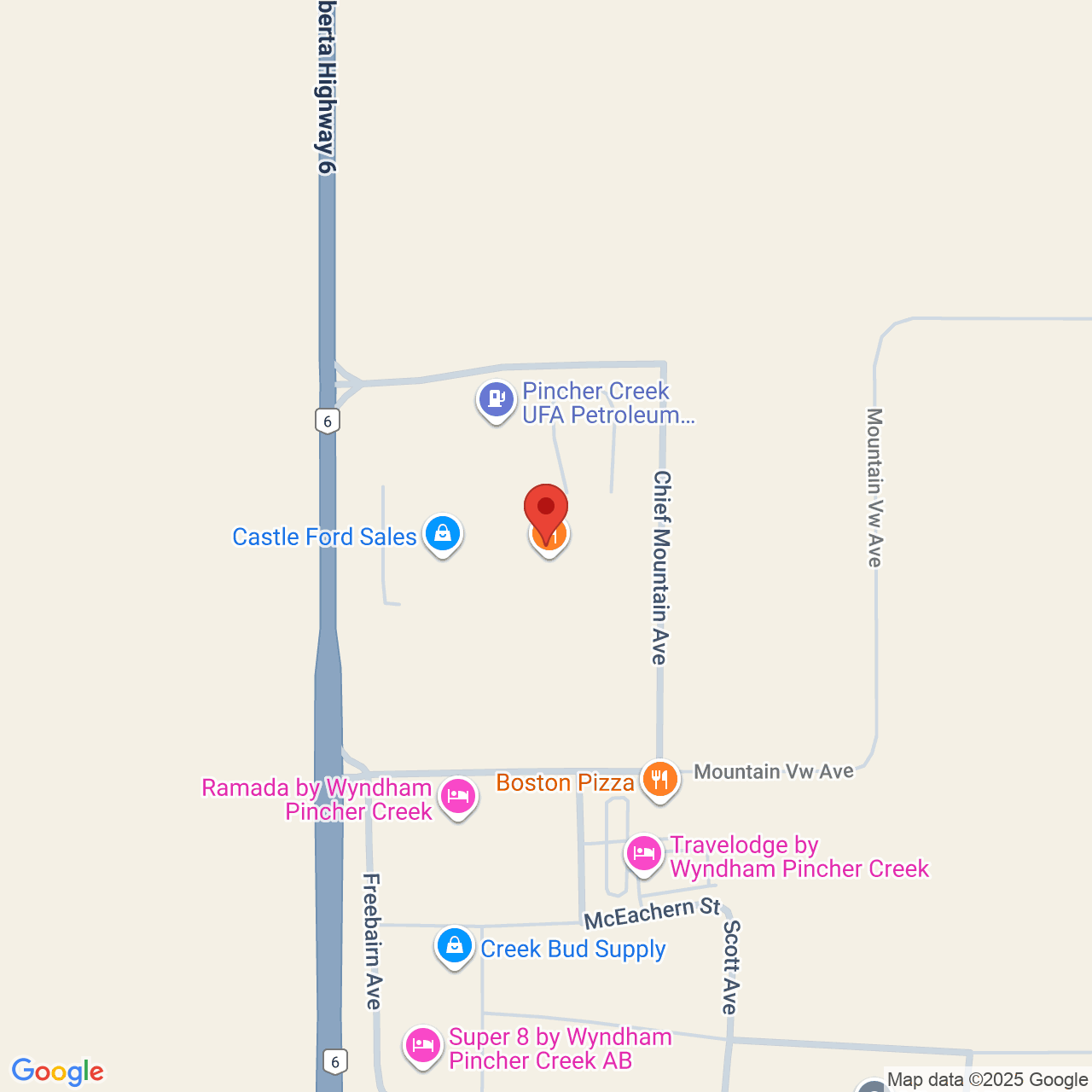 Street map for Bud Supply - Castle Cannabis, 1102 Chief Mountain Ave, Pincher Creek AB