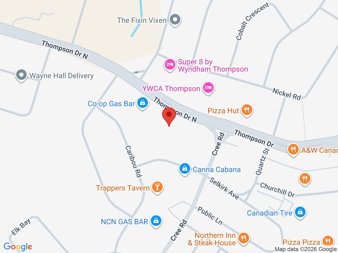 Street map for Hazy Heaven Cannabis and Vape Burntwood Hotel, 150 Selkirk Ave, Thompson MB