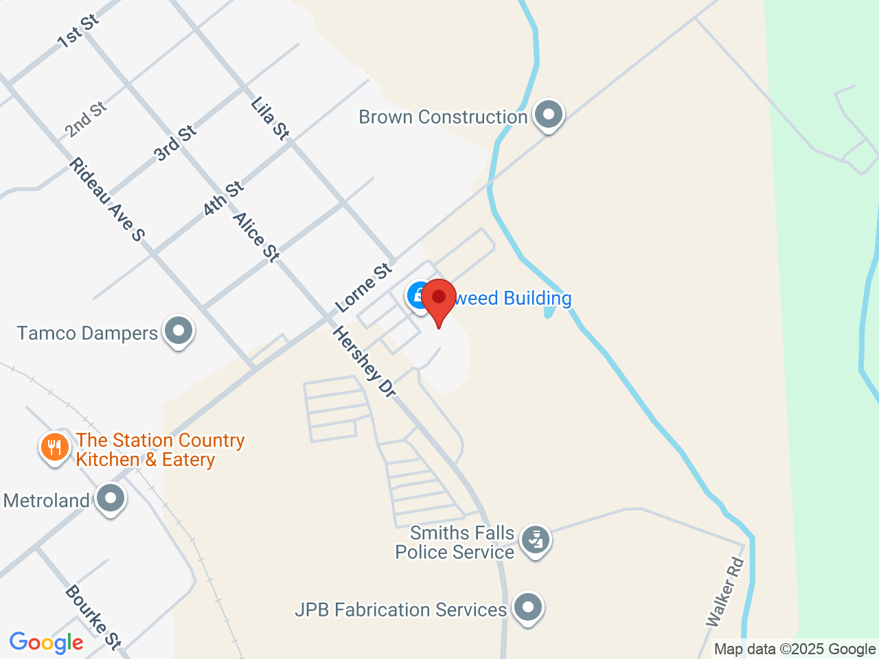 Street map for Claybourne, 1 Hershey Dr, Smiths Falls ON